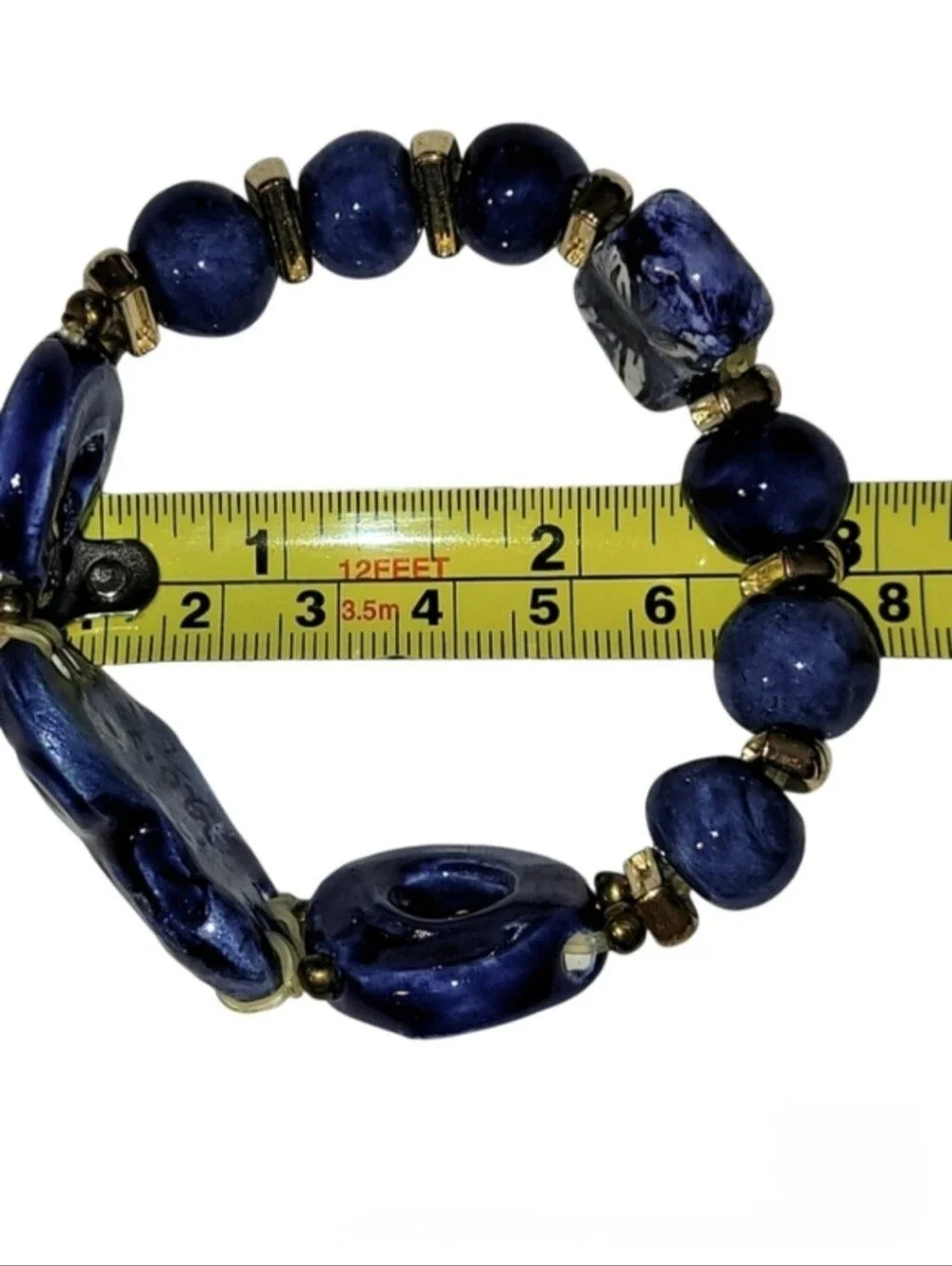 Hand Crafted Blue Ceramic And Gold Bead Heart Bracelet For Small Hands/Wrists